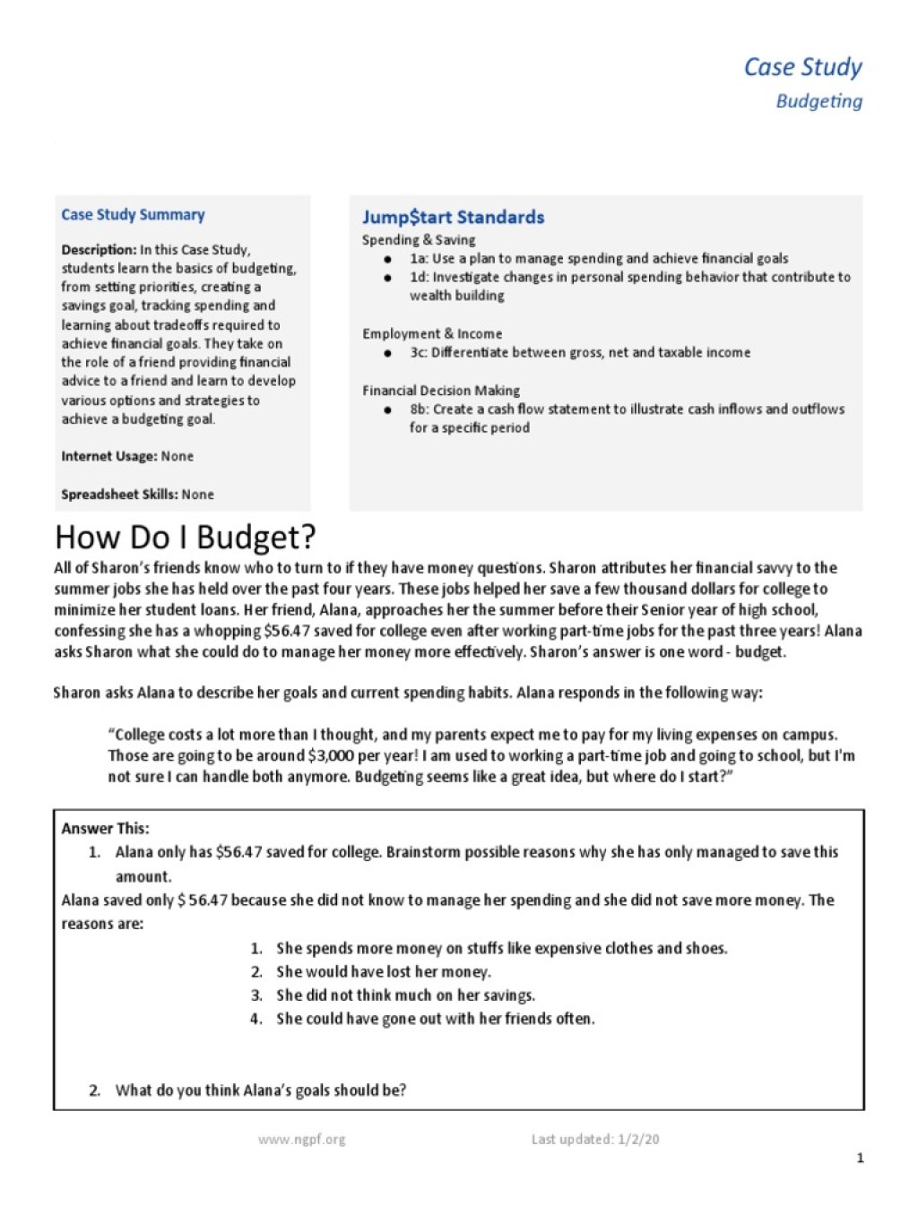 6.2 budgeting strategies answer key - How Do I Budget?: Case Study  PDF  Income  Budget
