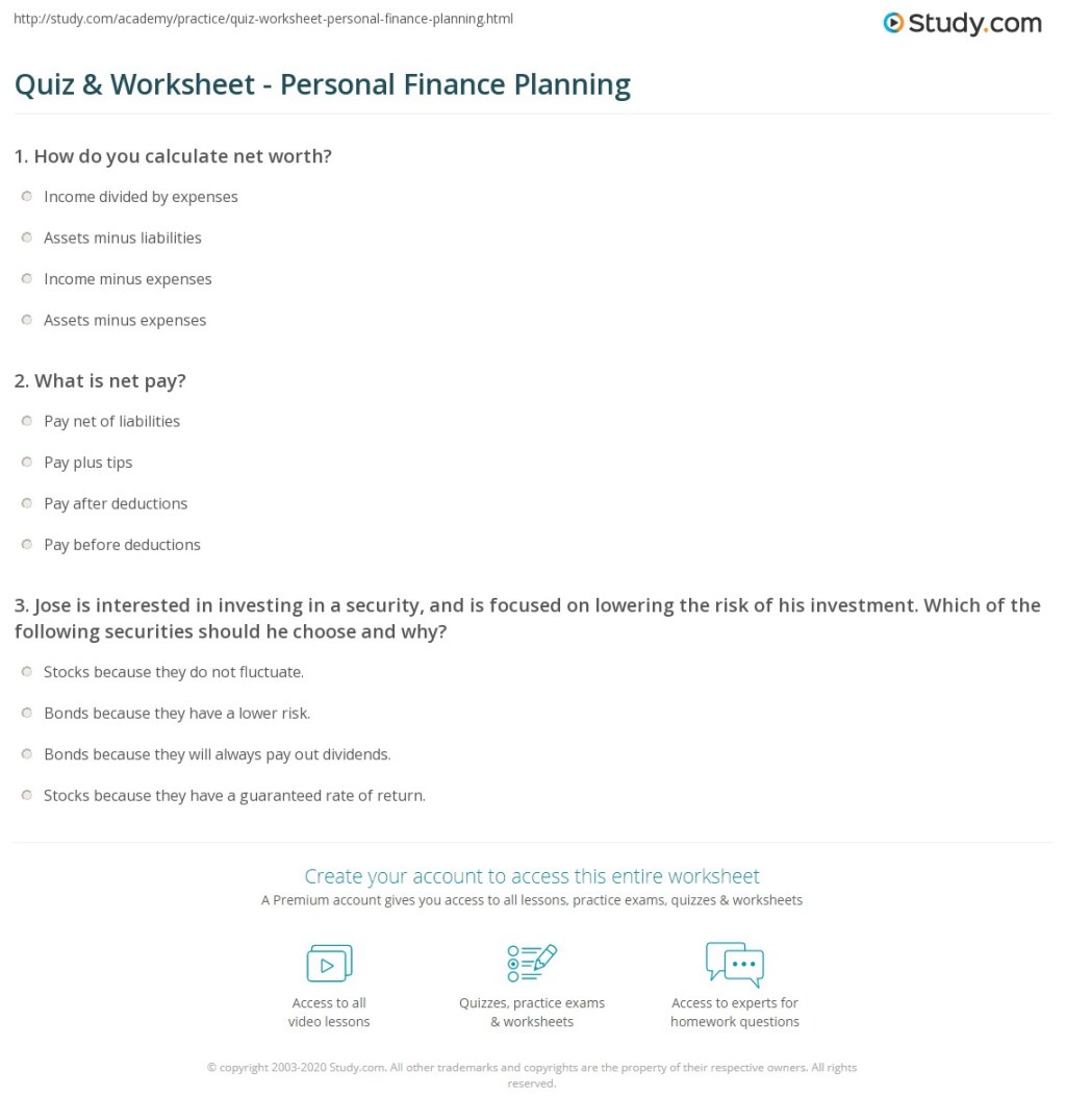 quiz amp worksheet personal finance planning study com